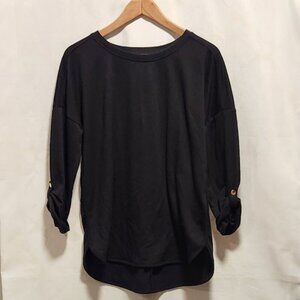 Cupio 3/4 Sleeve Pullover Top Womens L Black Drop Shoulder Hi-Low Hem Round Neck